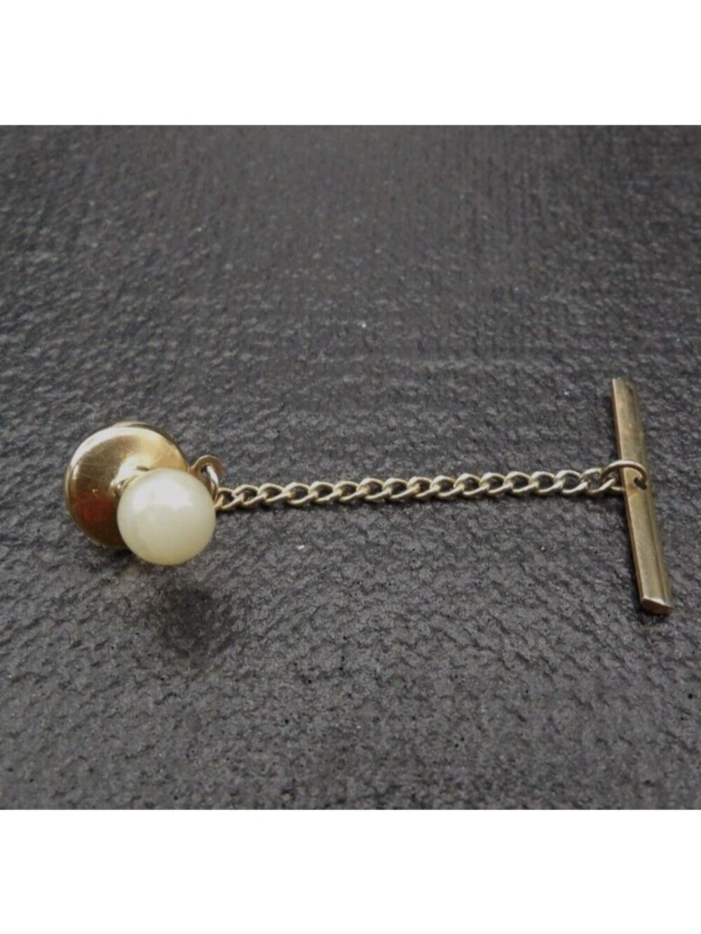 VTG Tie Pin Tack Gold Tone Imitation Pearl Chain Guard Classic Men’s Accessory
